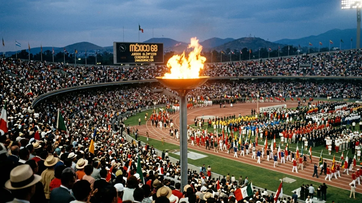 Vasque olympique enflammée au stade de Mexico en 1968.