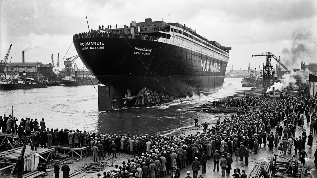 Un immense paquebot noir glisse vers l'eau devant une foule dense en 1932.