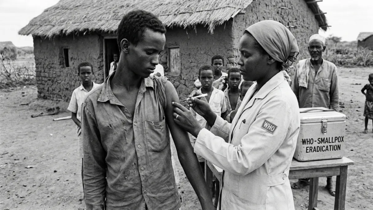 Agent de l'OMS vaccinant un homme contre la variole en Somalie en 1977.