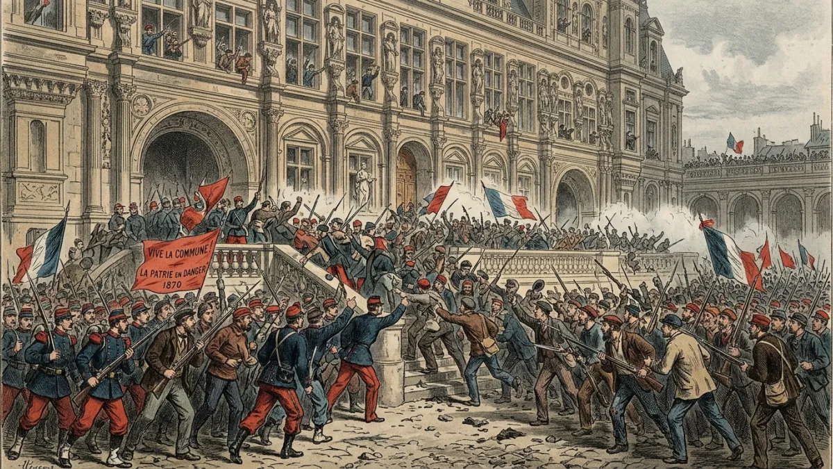 Insurgés et gardes nationaux envahissant l'Hôtel de Ville de Paris en 1870.