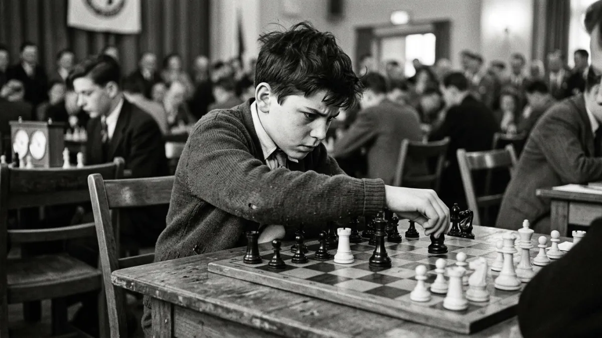 Jeune garçon concentré sur un échiquier lors d'un tournoi des années 1950.