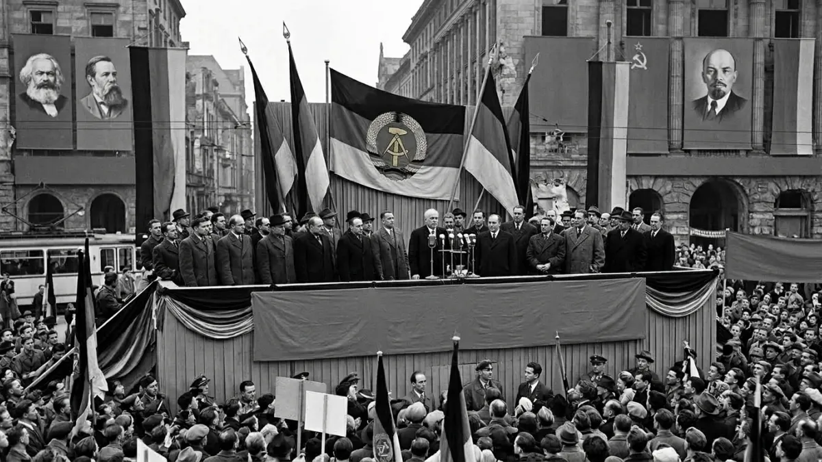 Tribune officielle de la RDA à Berlin-Est en 1949, sans aucun écriteau.
