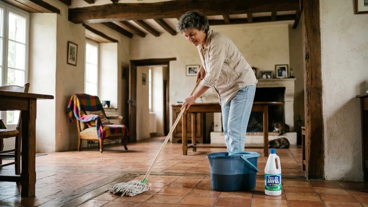 Une personne de 50 ans passe la serpillère dans une maison.