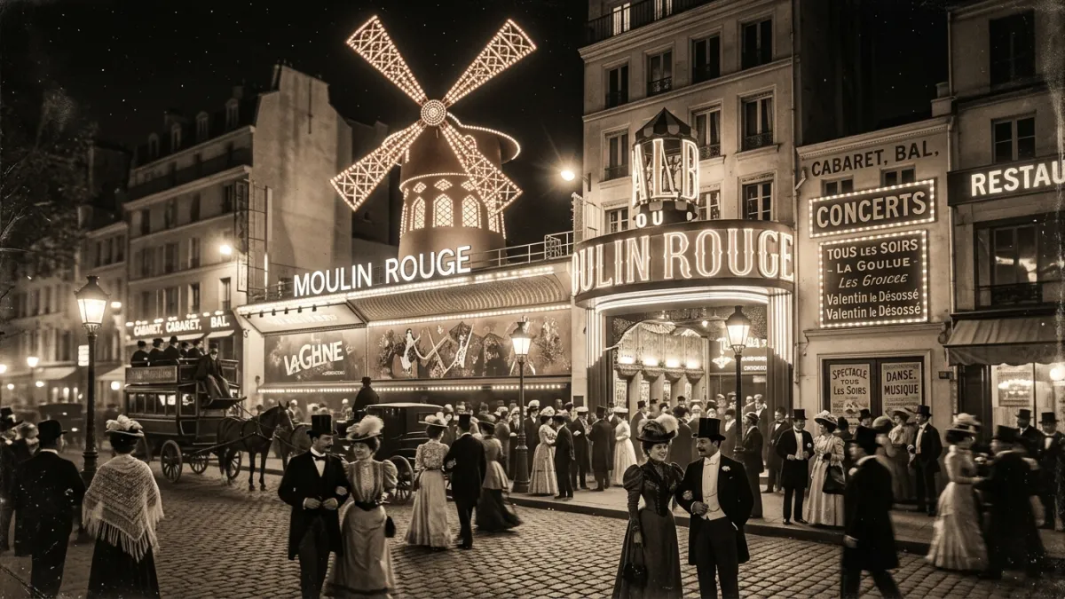 Façade illuminée du Moulin Rouge et foule festive à la Belle Époque