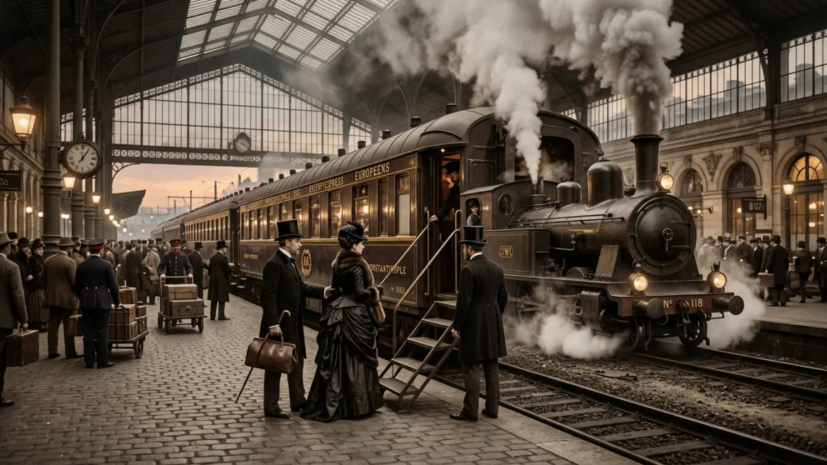 Train Orient-Express à quai en 1883 avec locomotive à vapeur et passagers.