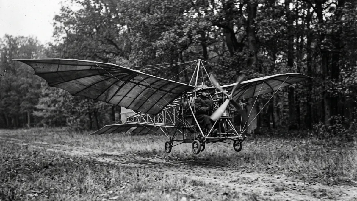 Photographie historique en noir et blanc de l'Éole d'Ader en vol en 1890.