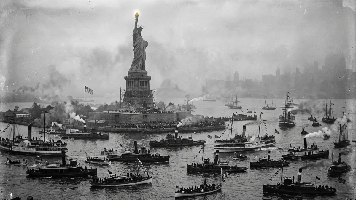 Statue de la Liberté dans la brume entourée de bateaux en 1886.