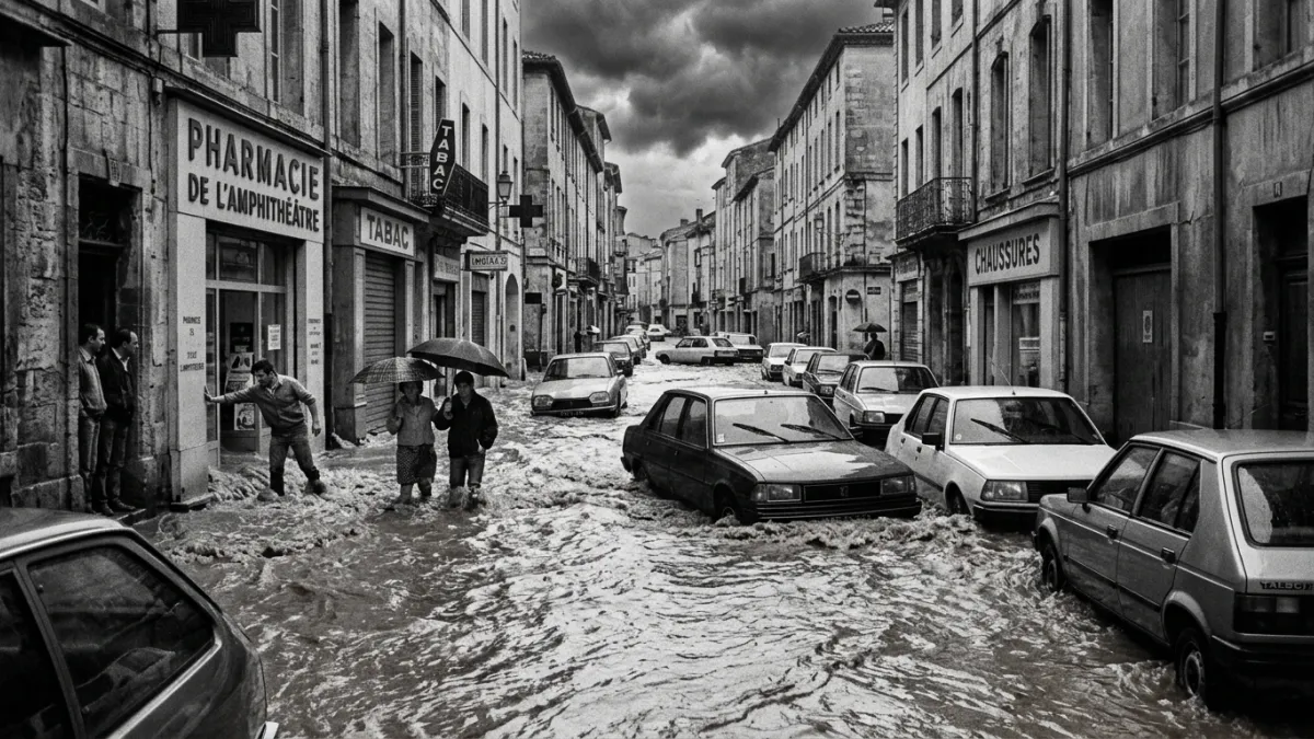 Rue inondée à Nîmes dans les années 1980 avec des voitures sous l'orage.