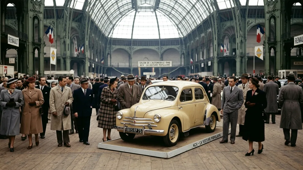 Renault 4CV jaune pâle exposée au Grand Palais en 1946.