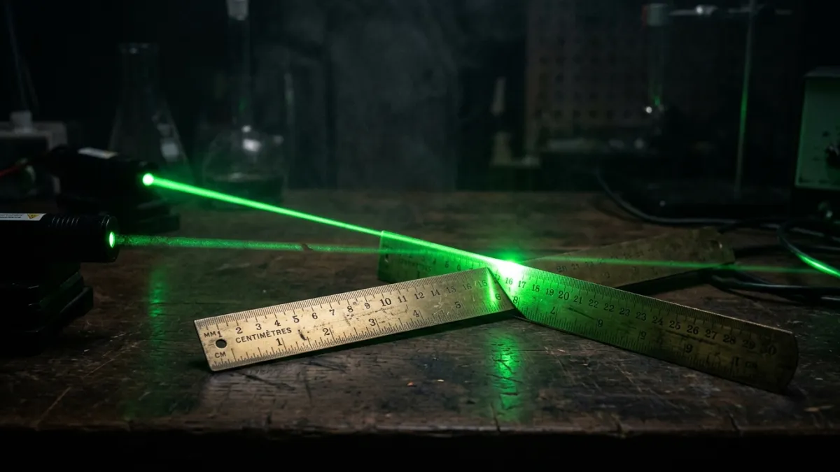 Laser rouge illuminant une ancienne règle métallique en laboratoire.