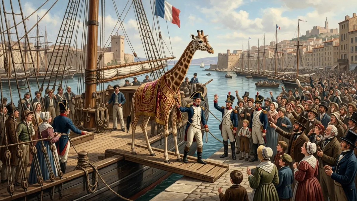 La girafe Zarafa sur un voilier du XIXe siècle arrivant au port de Marseille.