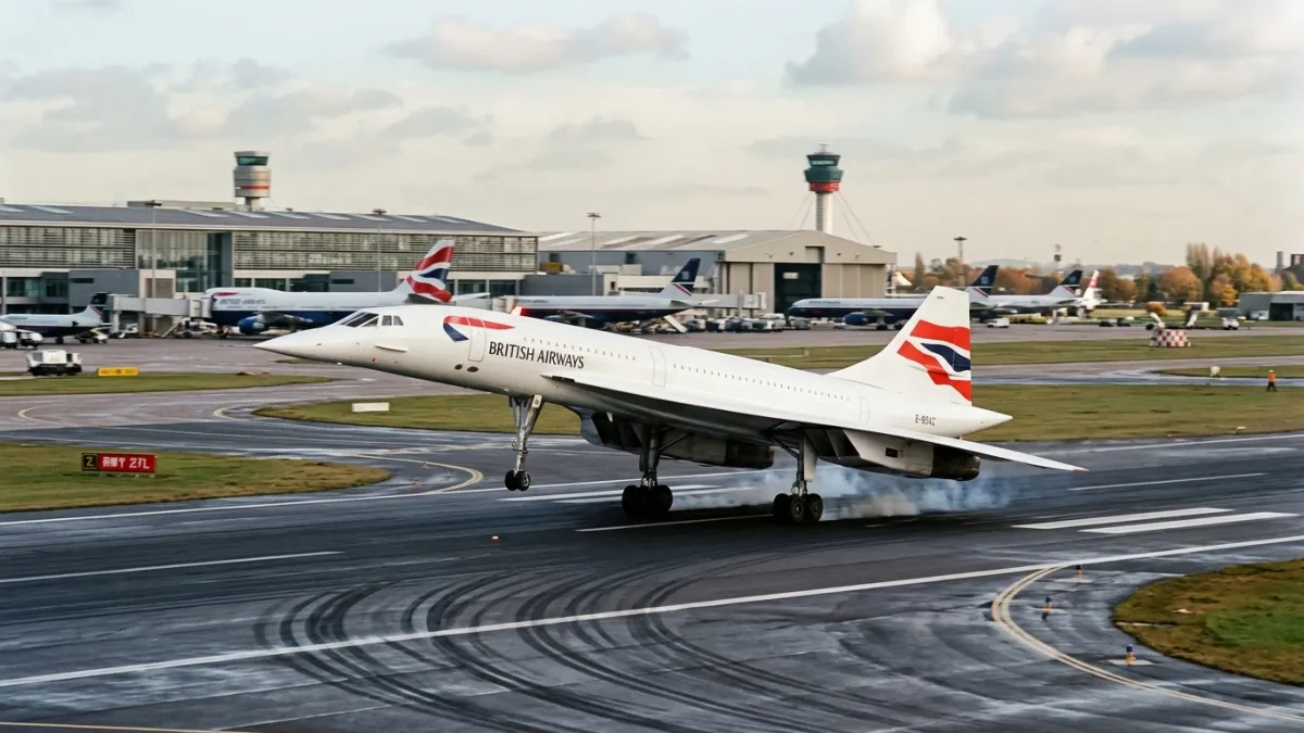 Un Concorde de British Airways atterrit sur la piste de Londres Heathrow en automne