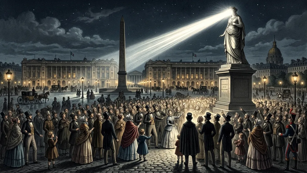 Foule nocturne éblouie par un faisceau électrique place de la Concorde en 1843.