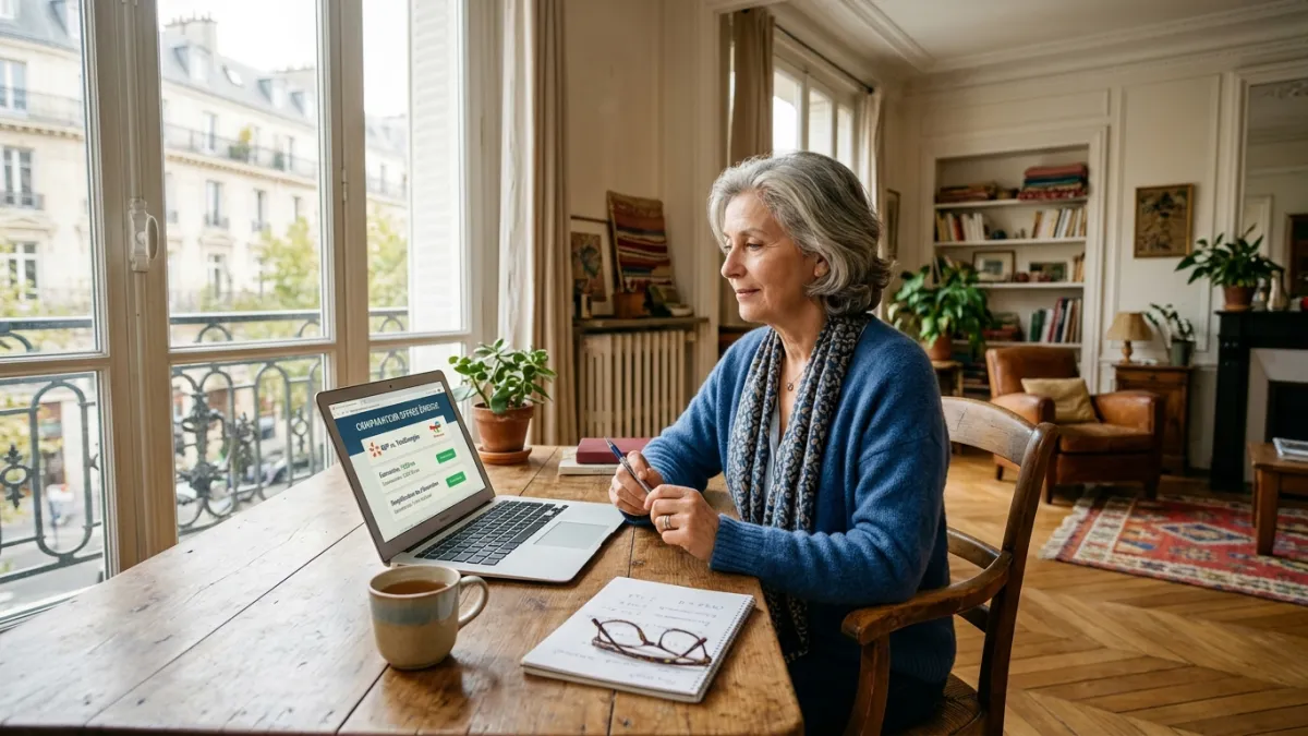 Femme de 60 ans comparant sereinement des offres sur ordinateur.