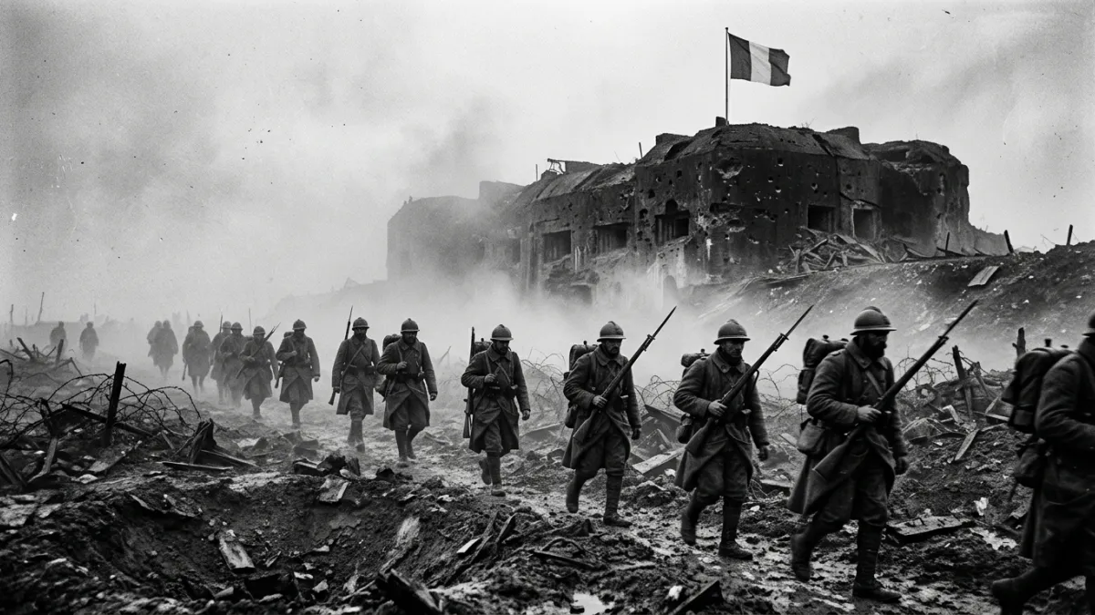 Soldats français dans le brouillard reprenant le fort de Douaumont en ruines.