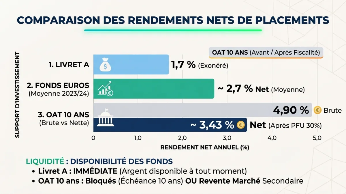 Infographie comparative des rendements nets avant et après fiscalité.