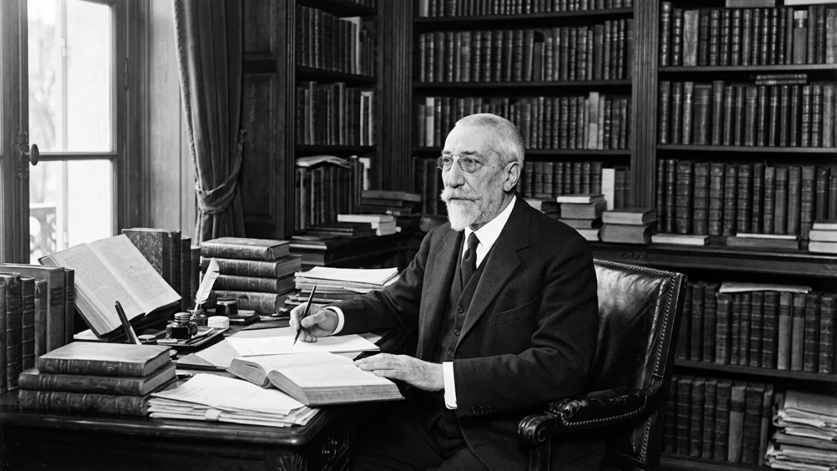 Portrait en noir et blanc d'Anatole France âgé à son bureau, vers 1920.