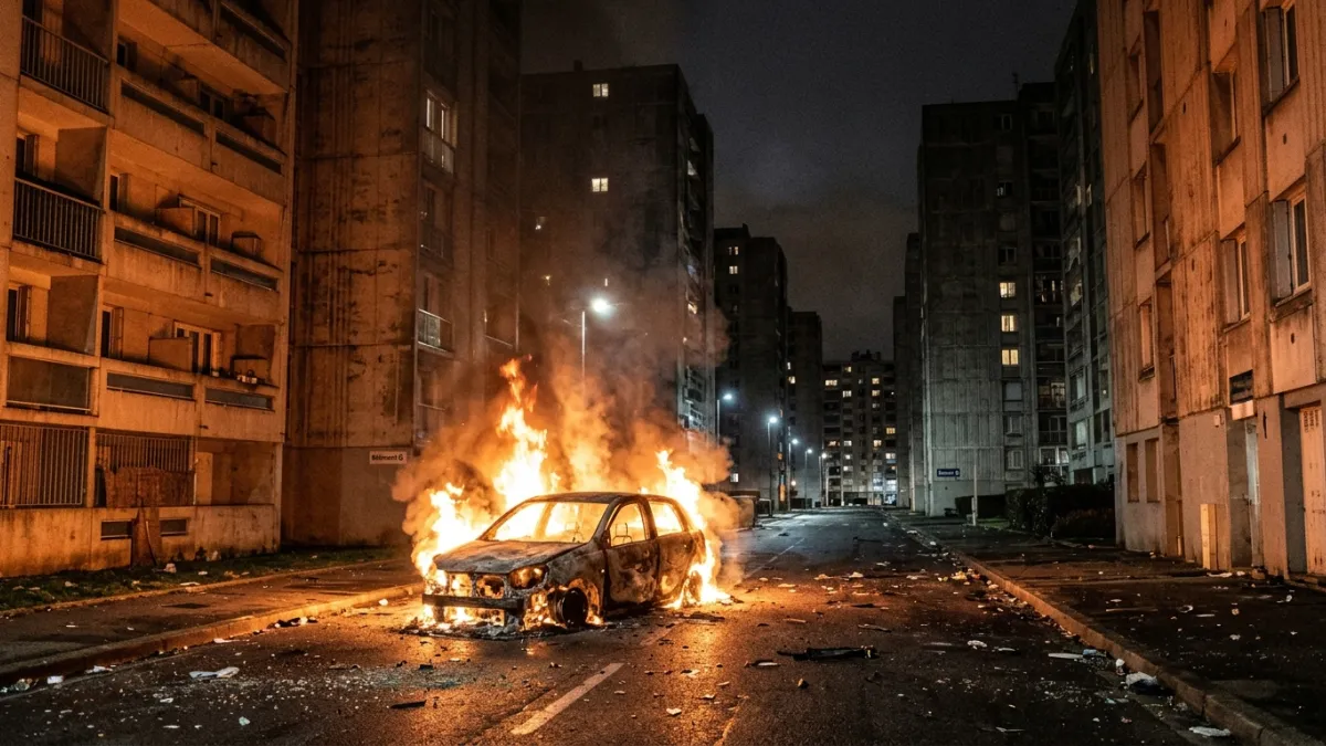 Un véhicule calciné brûle la nuit dans une cité déserte, éclairant les HLM.