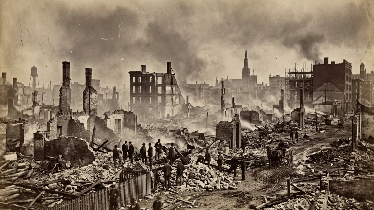Photographie sépia des ruines fumantes de Chicago après l'incendie de 1871.