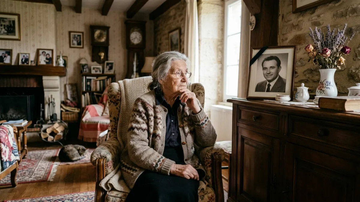 Une femme âgée pensive regarde le portrait de son défunt mari.
