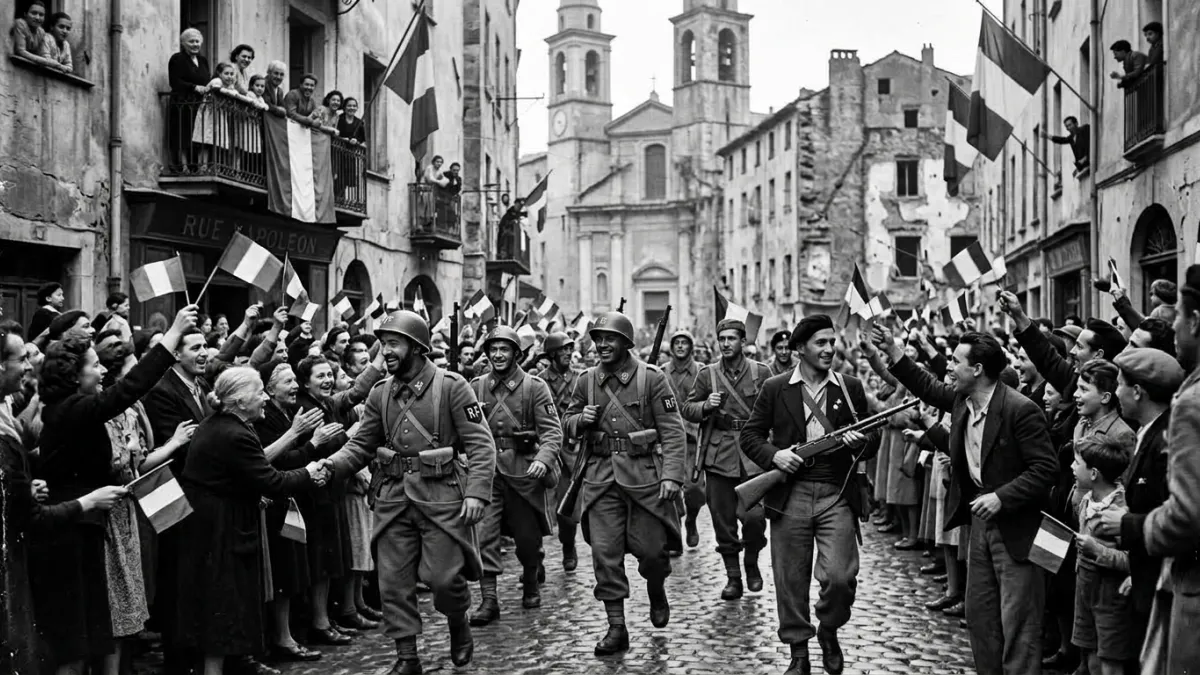 Soldats et résistants acclamés dans les rues de Bastia en octobre 1943.