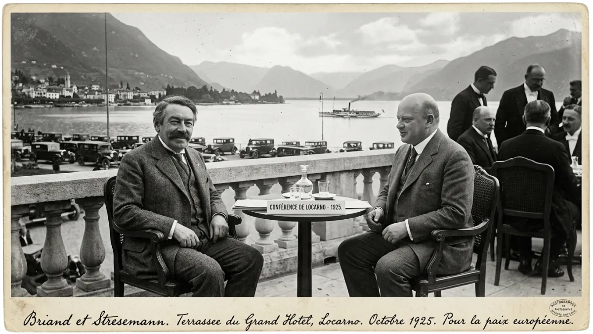 Aristide Briand et Gustav Stresemann assis ensemble à Locarno.