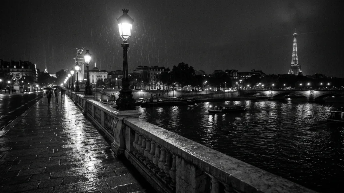 Pont parisien la nuit sous la pluie, Seine sombre et reflets lumineux.