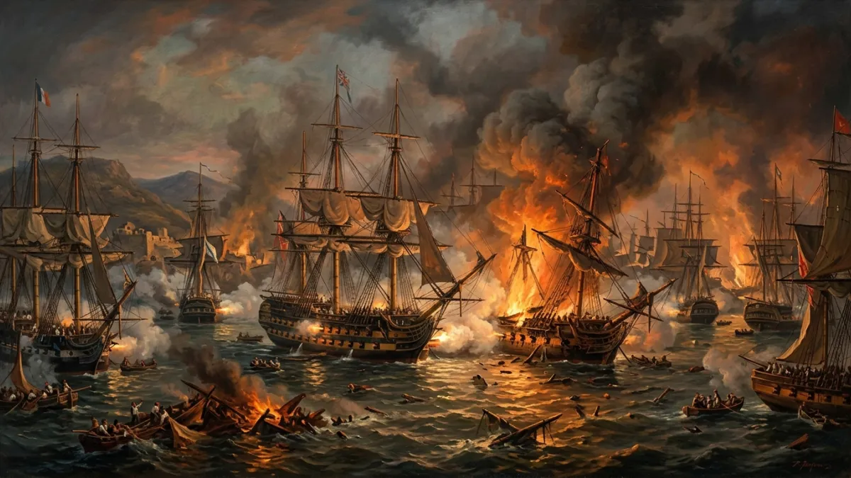 Bataille navale de Navarin, navires en feu et tirs de canons en 1827.
