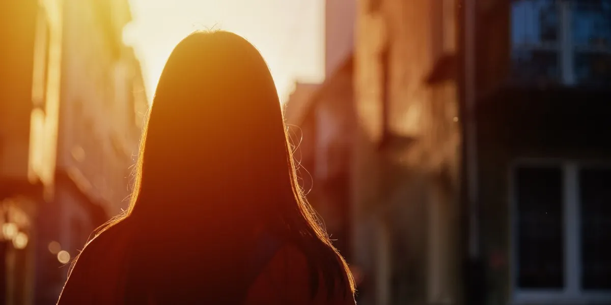 rear view of tourist woman walking at european city street at sunset, summer vacation