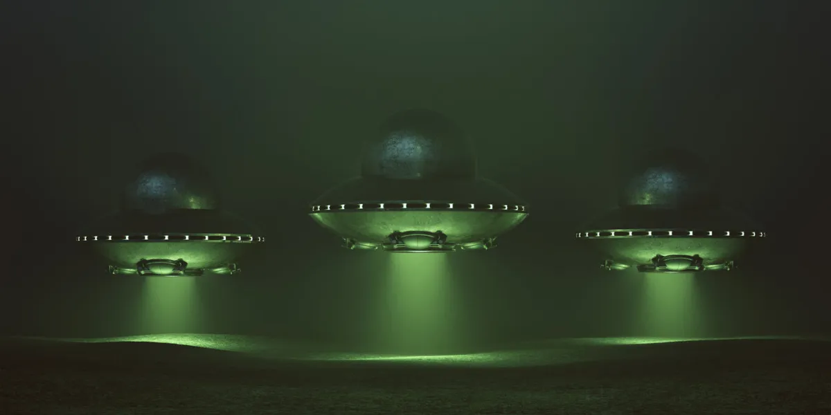 3 silver ufo hovering with green glowing lights in a green foggy environment 3d illustration 3d render