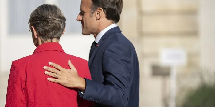 french prime minister elisabeth borne and french president emmanuel macron at the ministry of armed forces in paris, on july 13, 2022, on the eve of bastille day photo by eliot blondet abacapresscom , 817664 027 paris france