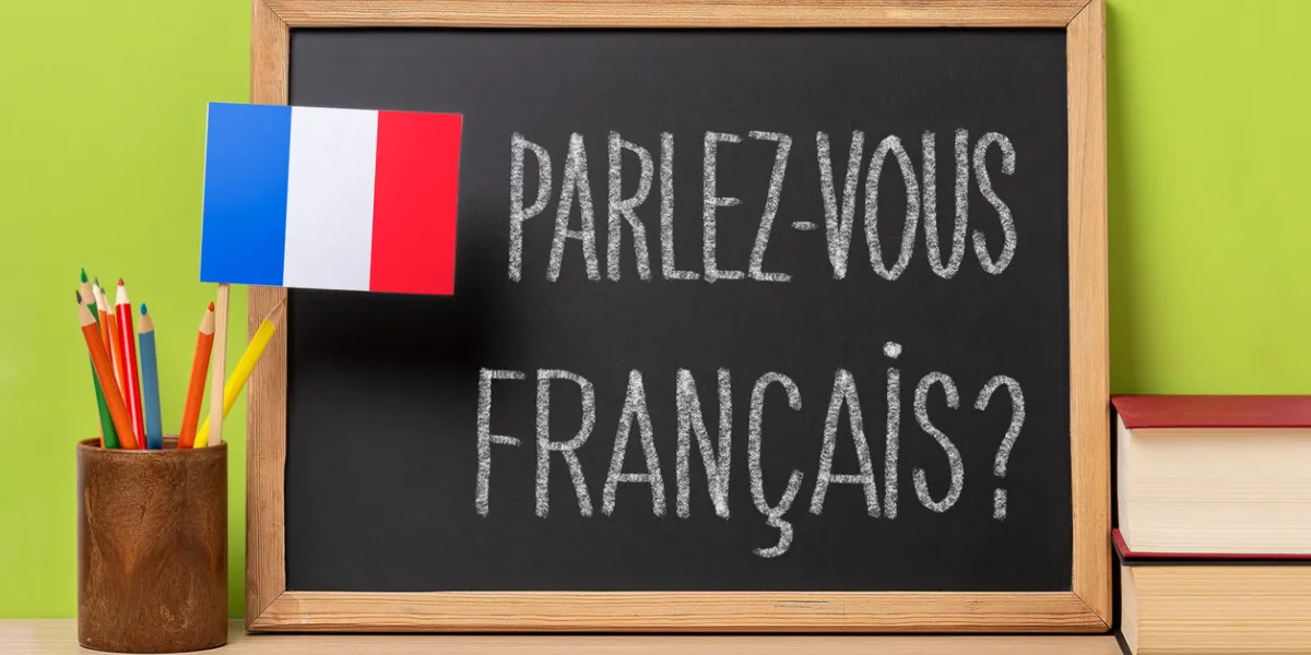 a chalkboard with the question parlez-vous francais? do you speak french? written in french, a pot withpencils and the flag of france, on a wooden desk with green background