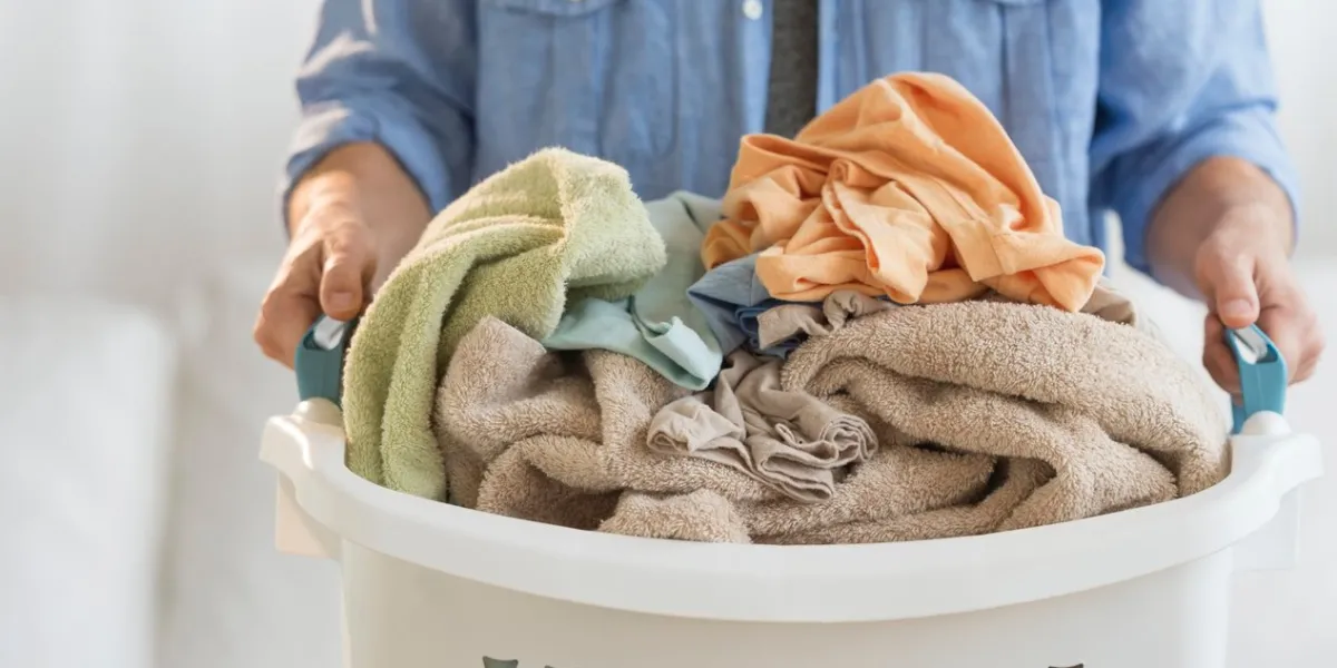 midsection of mature man holding laundry basket at home