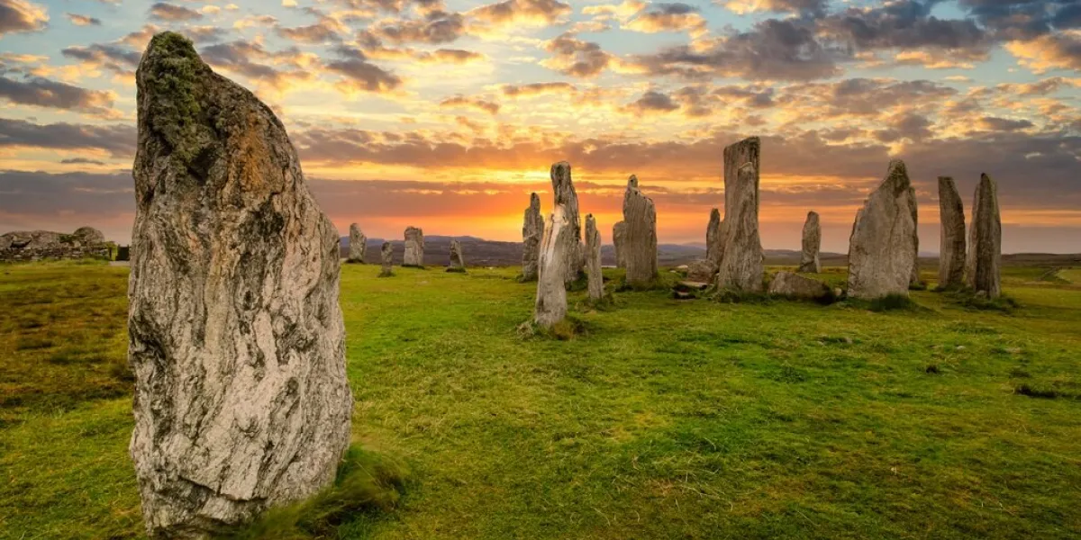 stunning sunset over the stone circle at callanish on the isle of lewis, outer hebrides of scotland