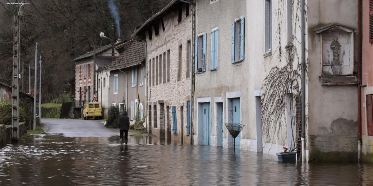 a street flooded by the river vienne in winter, near limoges