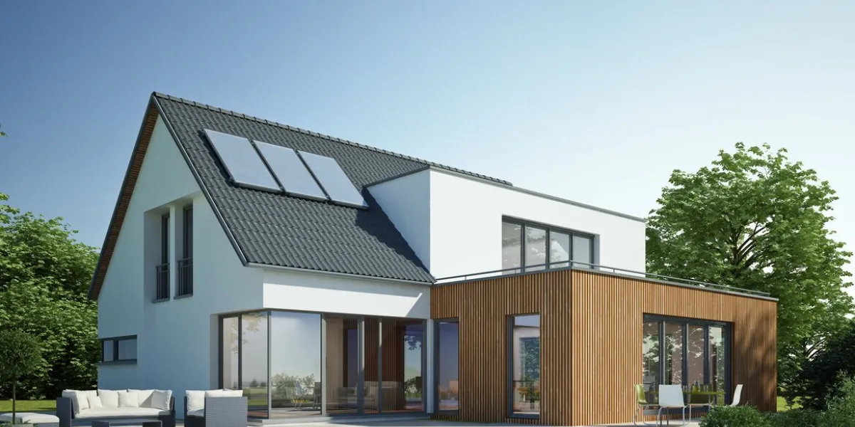 3d rendering of a modern white house with wooden extension and pool