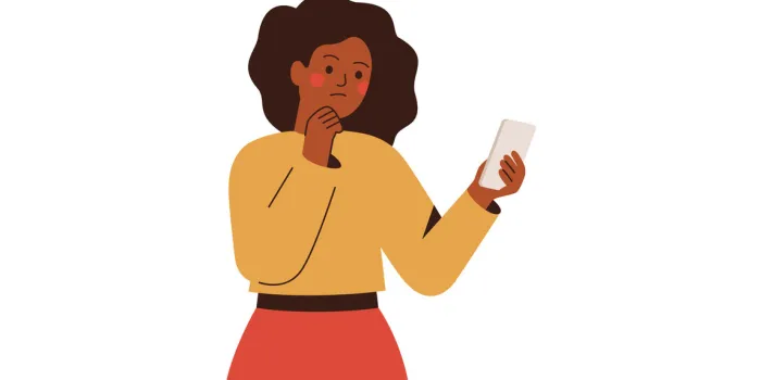 black woman holds mobile phone with doubt face and has some problem with it african american girl looks at her smartphone with thoughtful expression business character vector illustration