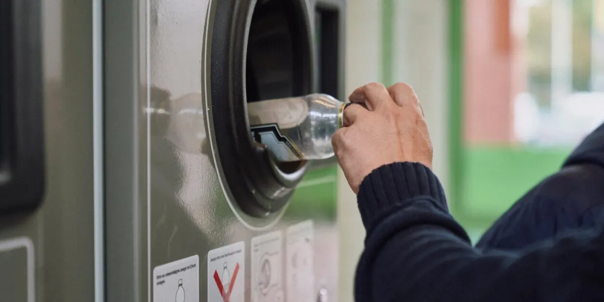 child recycling plastic bottles in a machine