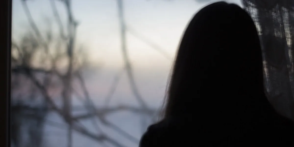 silhouette of a girl on a background of a dark window in the house - depression, reflection, danger, blur
