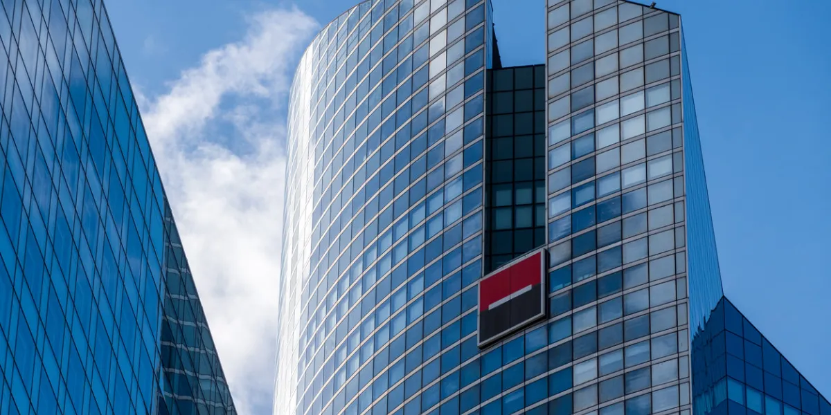 puteaux, france - november 12, 2020  exterior view of societe generale twin towers, headquarters of the french bank located in the paris-la défense business district