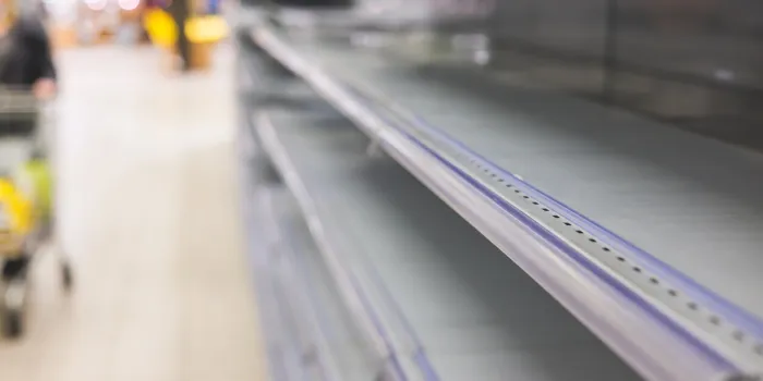 view of empty supermarket shelves, grocery store work stoppage closes, sanctions and embargo, panic buying with supplies and goods shortage, food hunger crisis and deficit concept