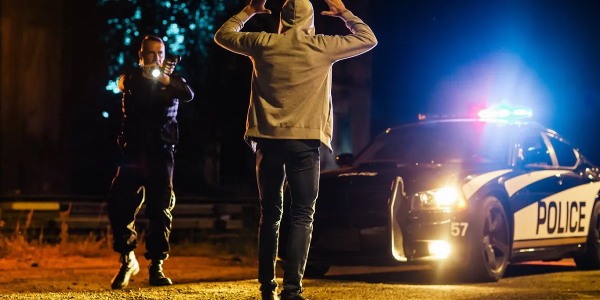 middle aged caucasian police officer aims at a suspect police using a weapon to intimidate wanted criminal suspect raising his hands in compliance police successfully making an arrest
