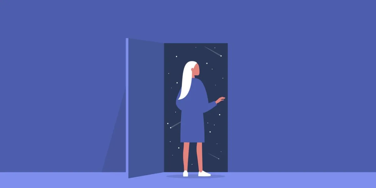 imagination and inspiration, outer space, astrology, young female character opening a door to the unknown