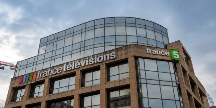 issy-les-moulineaux, france - july 4, 2021  exterior view of the headquarters of france 5, a french general-interest public service television channel part of the france télévisions group