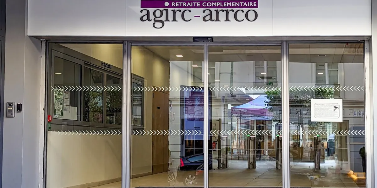 paris, france - october 6, 2023  entrance to the agirc-arrco headquarters agirc-arrco is the supplementary pension organization for employees in the private sector in france