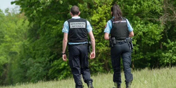 mulhouse - france - 29 april 2018 - french gendarmerie patrol with bulletproof vests in border forest