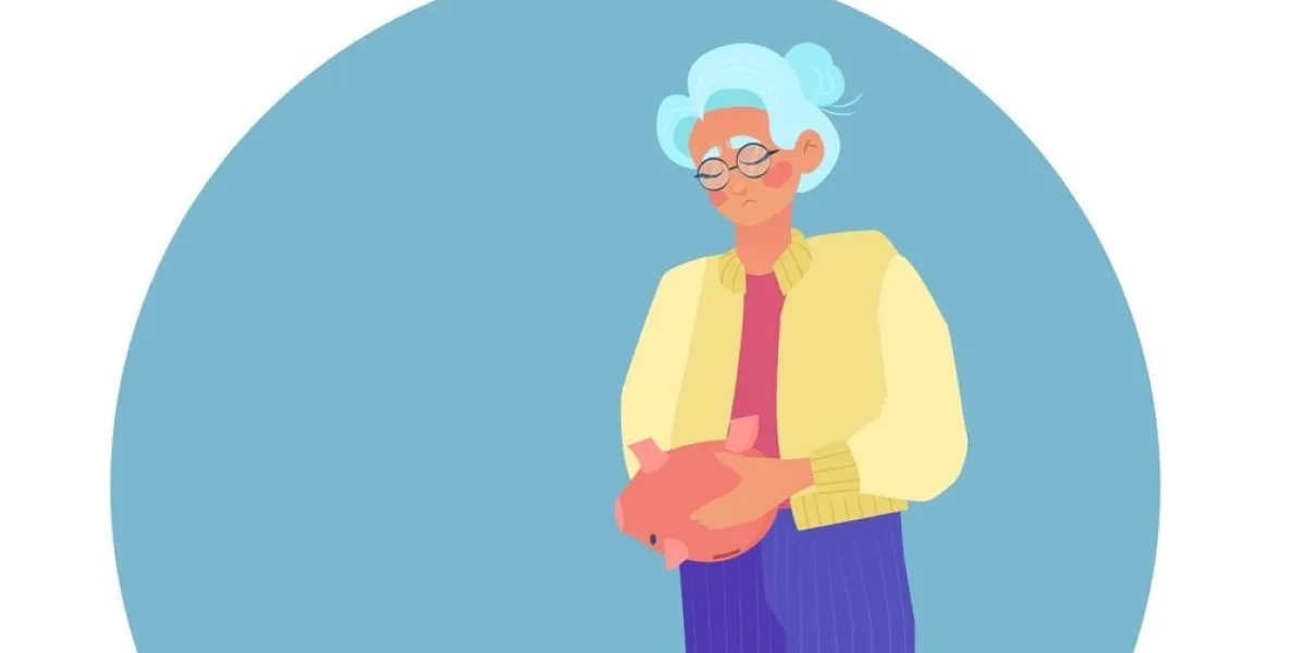 vector of a sad elderly woman holding empty piggy bank having no money