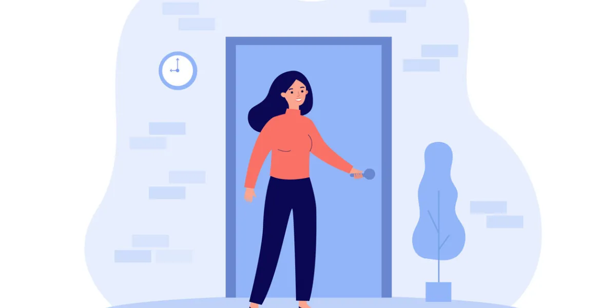 person holding handle and opening apartment door woman entering into house or office flat vector illustration for entrance, home, exit, challenge, opportunity concept