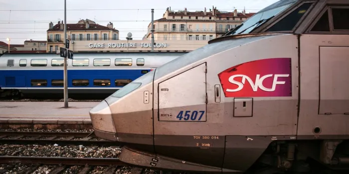 picture of the fast train unit tgv 4507 waiting for departure at toulon train station, in france the tgv, also known as train a grande vitesse, is the french intercity high-speed rail service, operated by the sncf