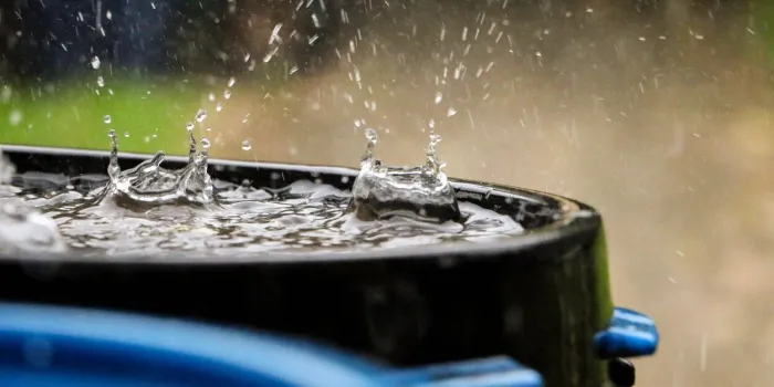 hard rain is falling in a plastic barrel full of water in the garden